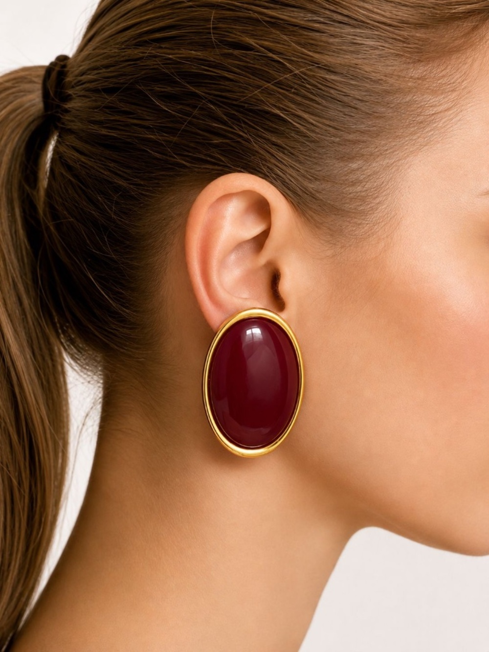 Vintage Red Oval Stud Earrings, Gold Tone Statement Earrings, Retro Minimalist
